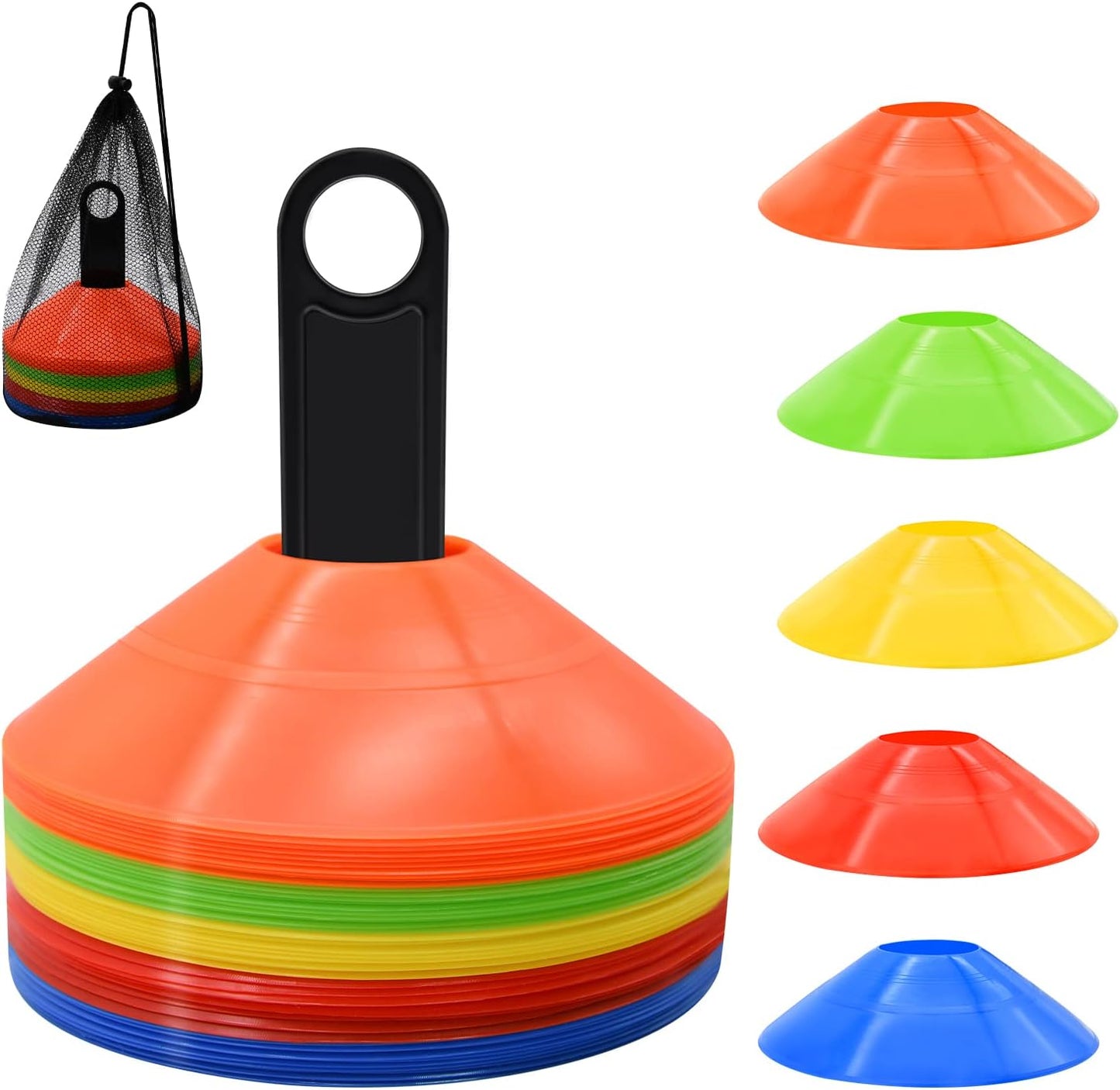 25/50/100/200 Pack Disc Cones, Agility Soccer Cones with Carry Bag and Holder, Soccer Cones for Sports Training, Football, Soccer, Basketball, Coaching, Practice Equipment, 5 Color